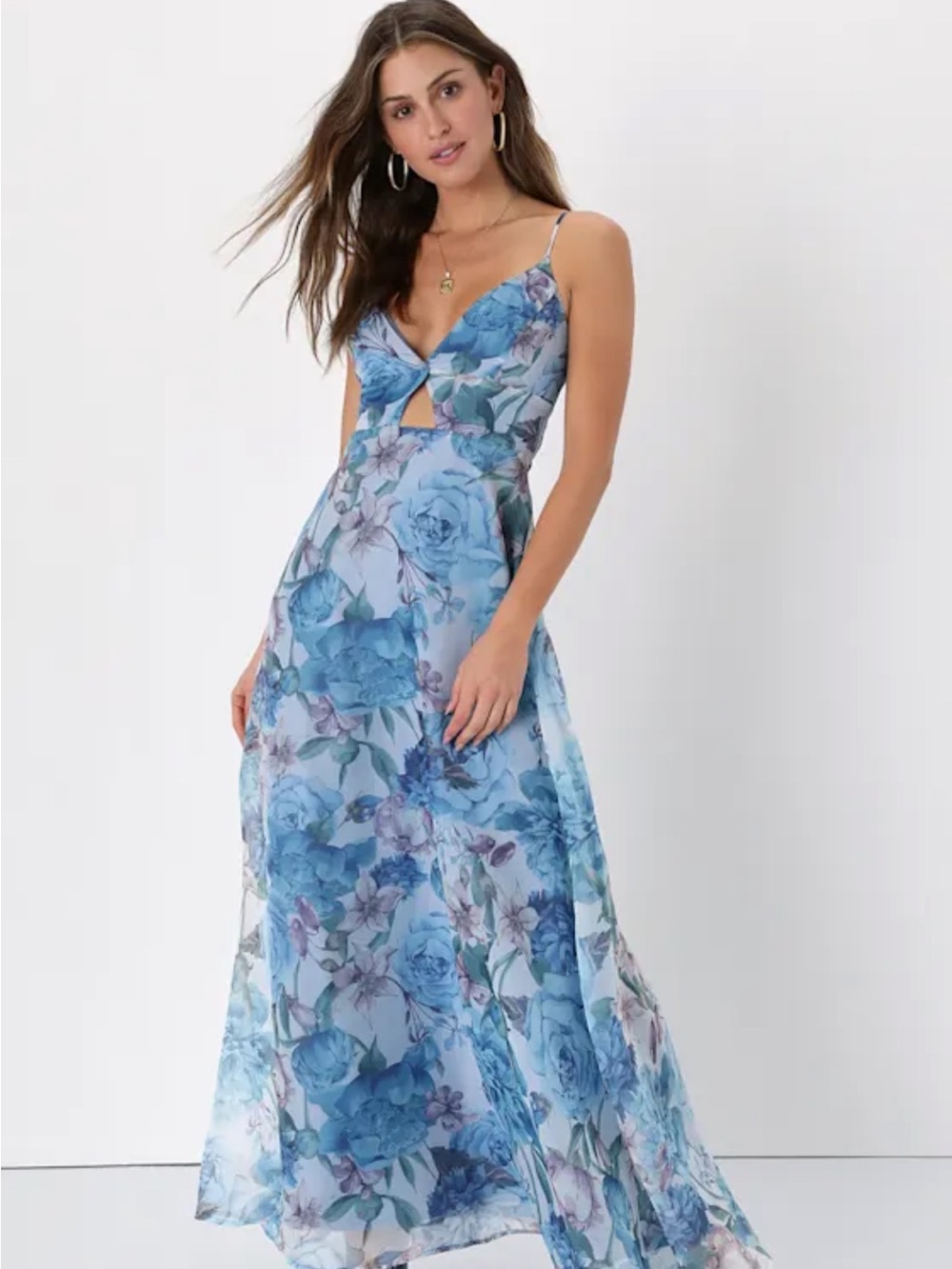 Lulus Blue Floral Maxi Dress with Twist Front